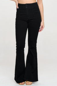 high waist two buttons flare black jeans