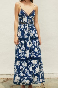 V-neck spaghetti button down midi/maxi dress with lace cut outs