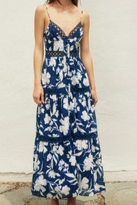V-neck spaghetti button down midi/maxi dress with lace cut outs