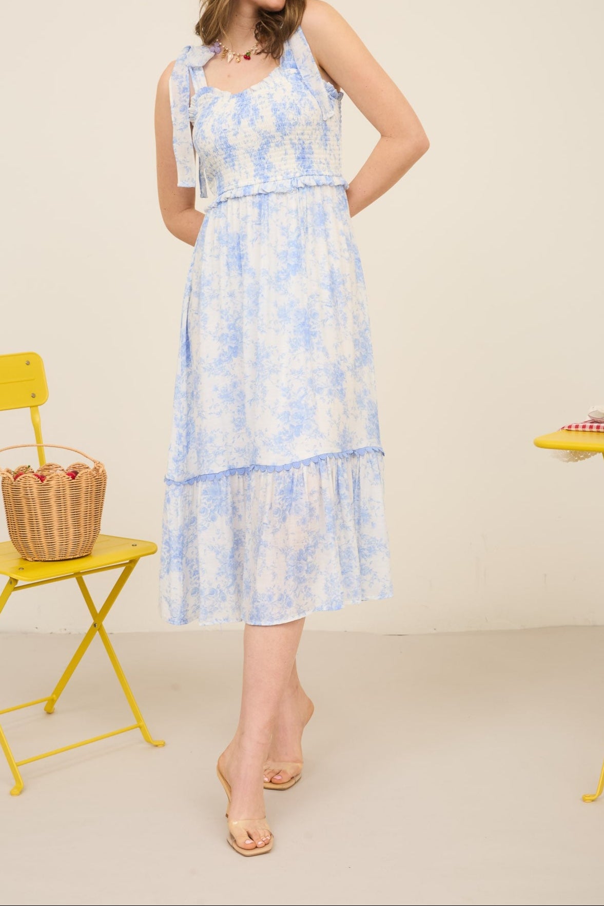 Floral midi dress with faux tie shoulders and scallop bottom ruffle