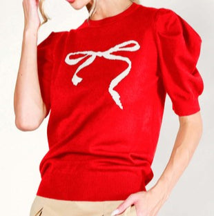 short sleeve puff bow sweater