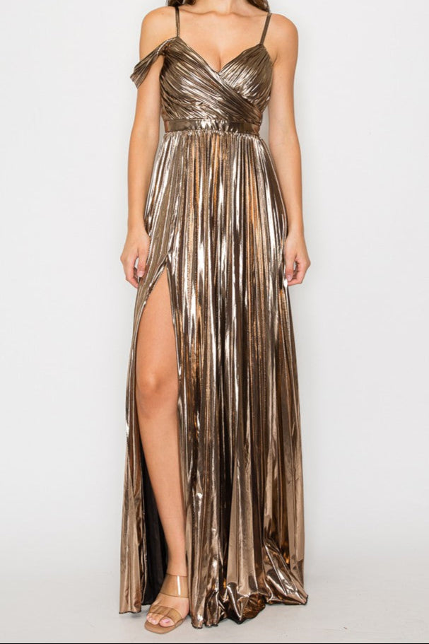 V-neck accordion pleated bronze dress