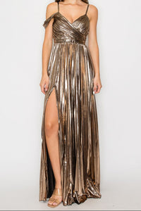 V-neck accordion pleated bronze dress