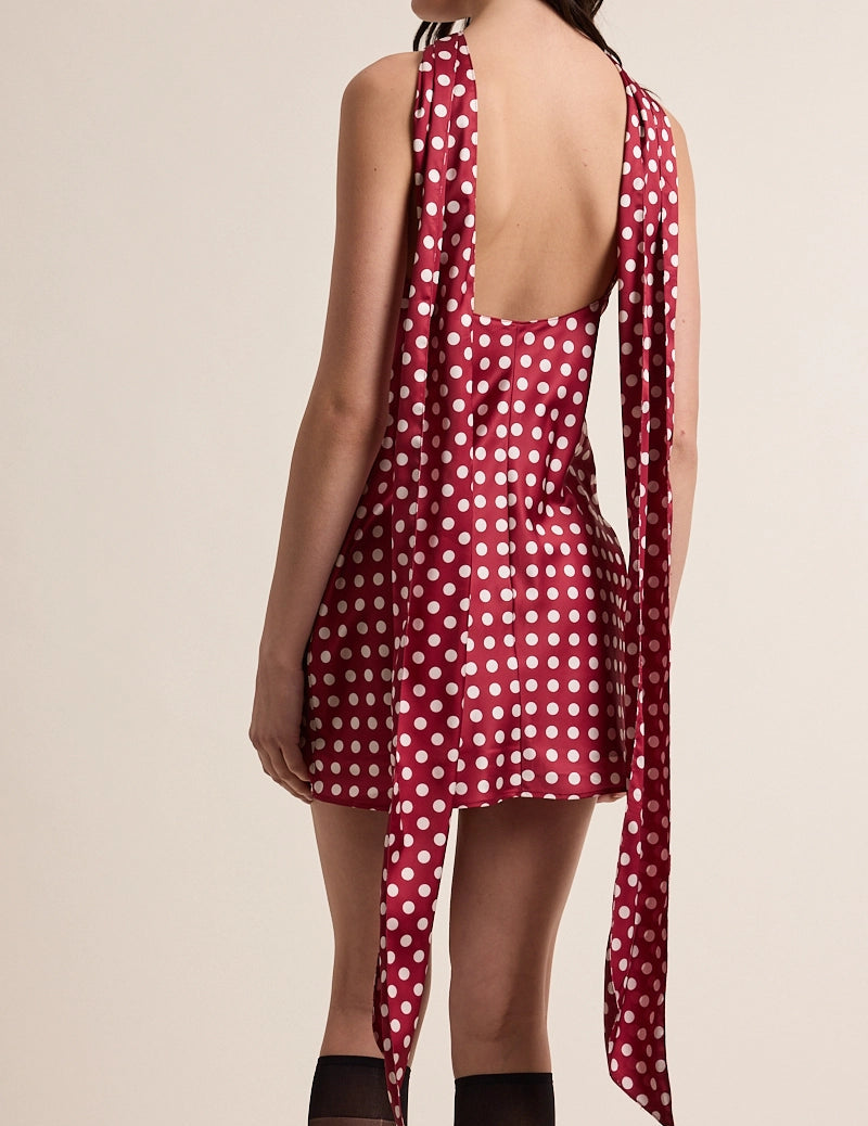 Satin polka dot bias cut long scarf mini dress