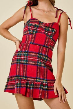Christmas plaid dress with ruffle hem and shoulder ties
