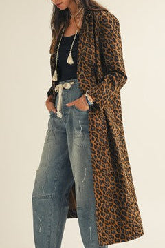 French leopard long denim jacket