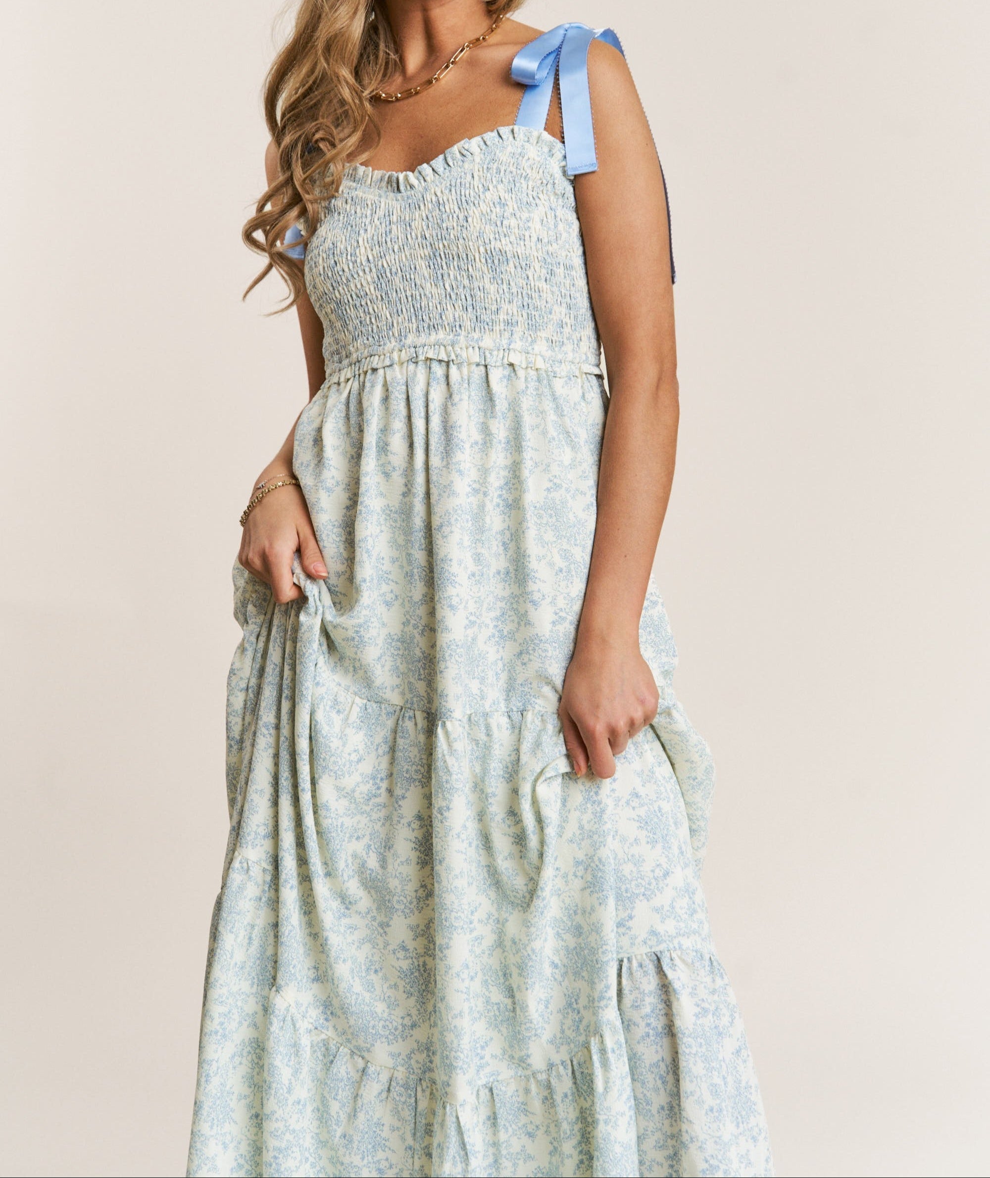 Loop edge ribbon shoulder tie floral maxi