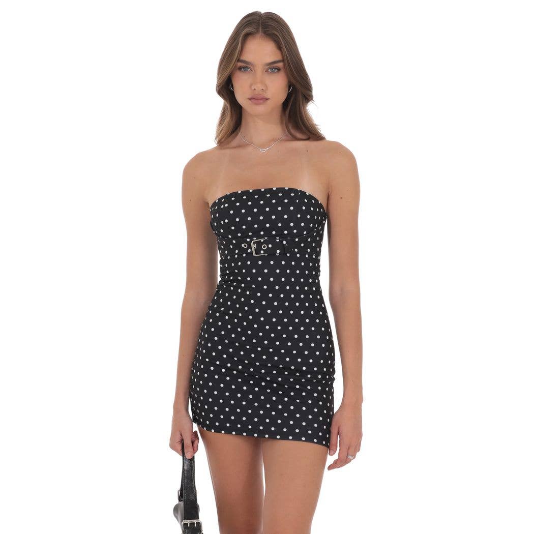 Polka Dot Belted Bodycon Dress in Black