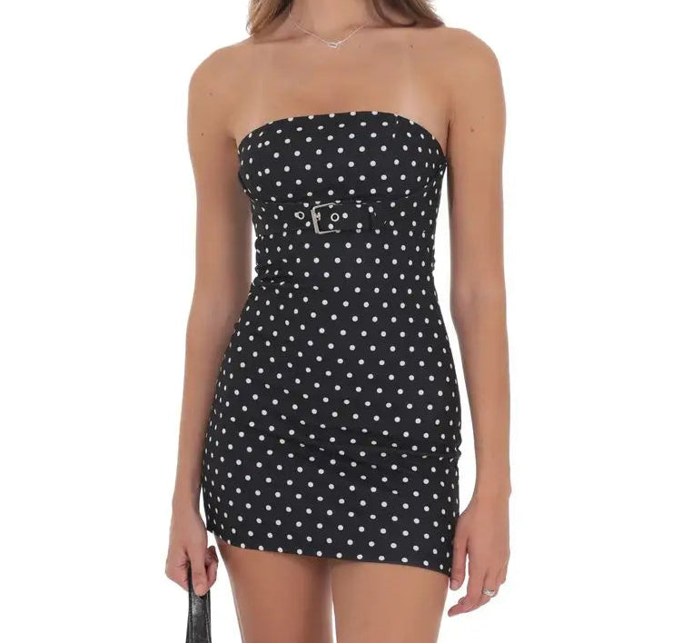 Strapless top belted polka dot bodycon dress