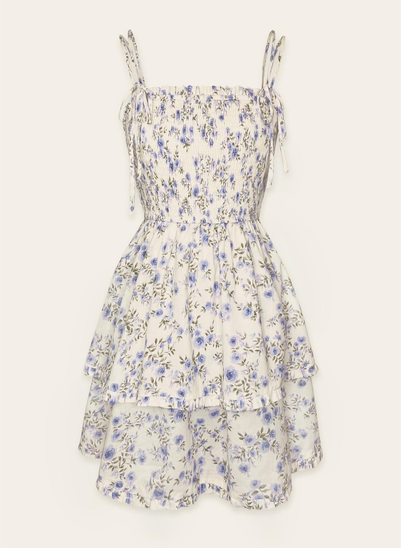 Smocked two spaghetti strap two layer floral mini