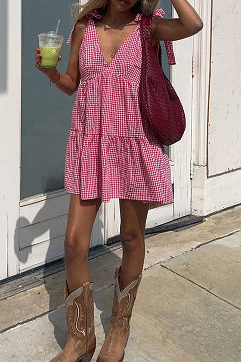 Tie-Strap Gingham Casual Dress