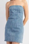 Rhinestone line dripped strapless denim bodycon dress