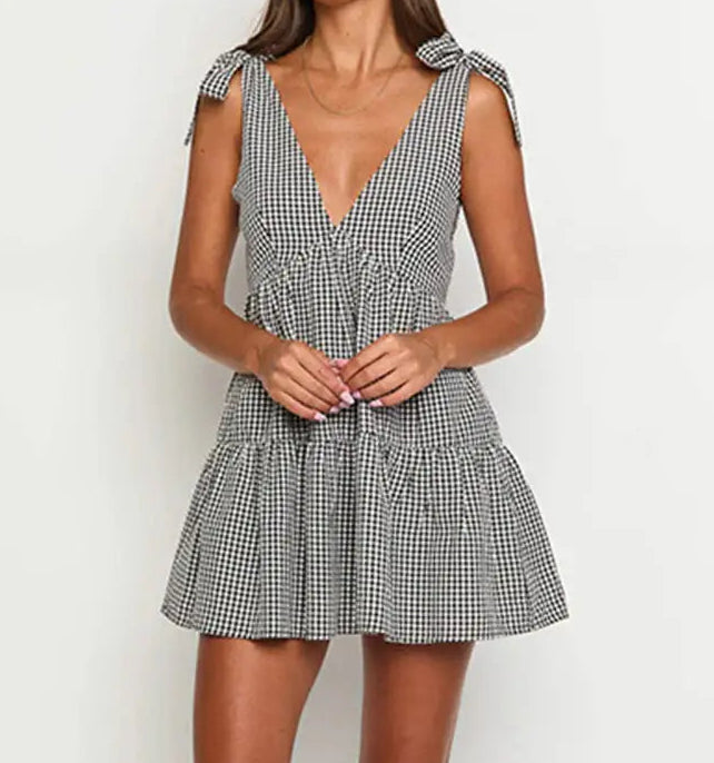deep v-neck tie strap gingham dress