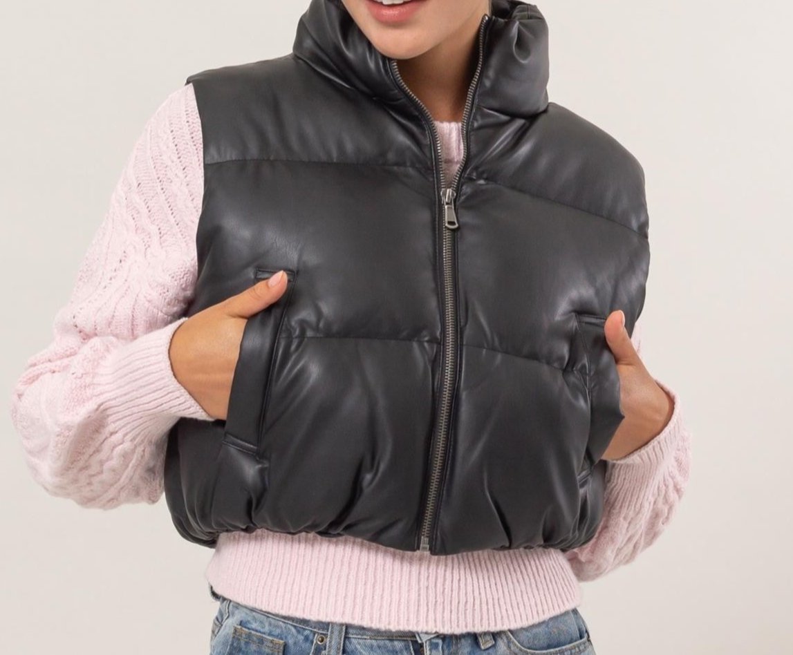Faux leather cropped puffer vest