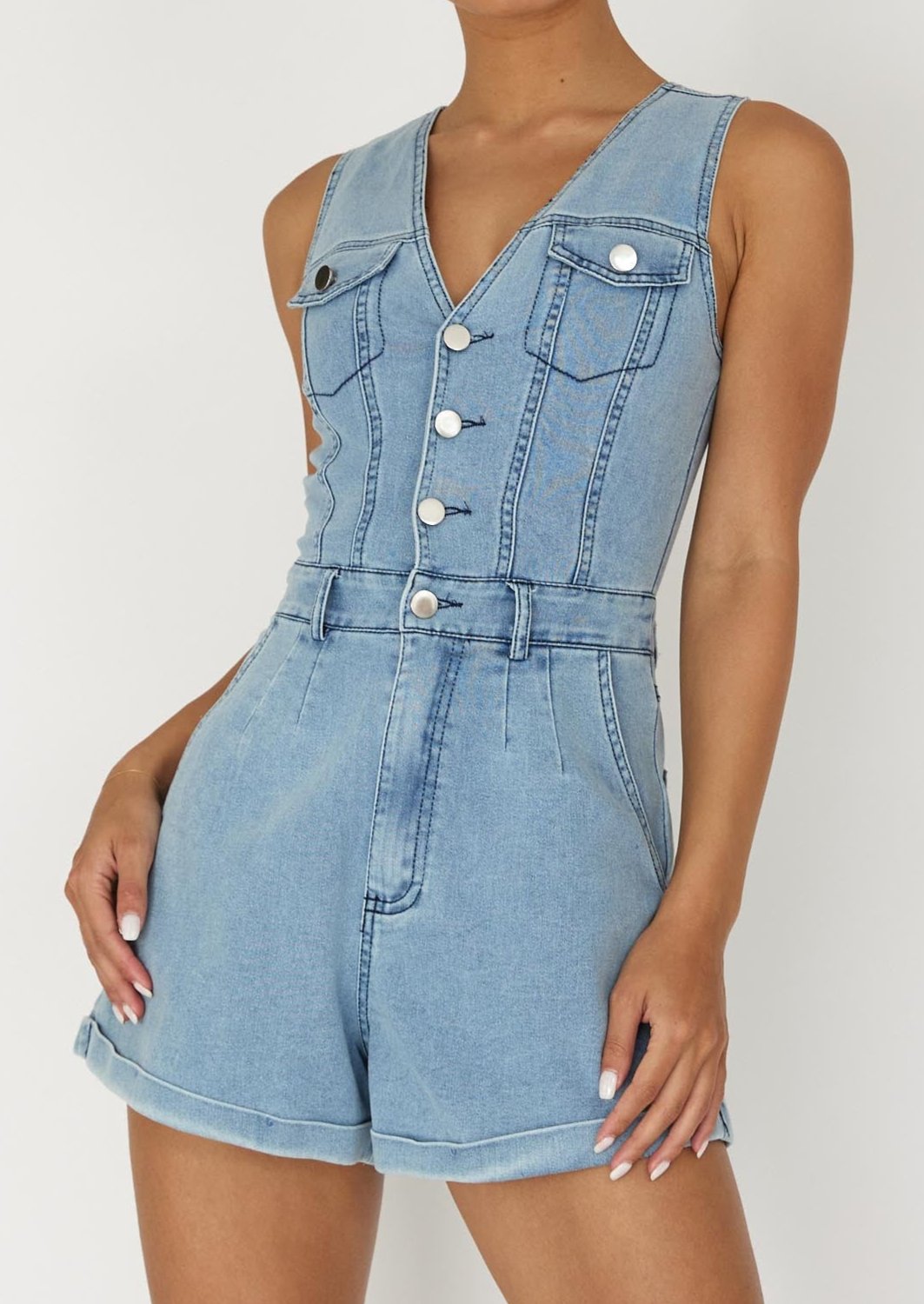 vest button down denim romper