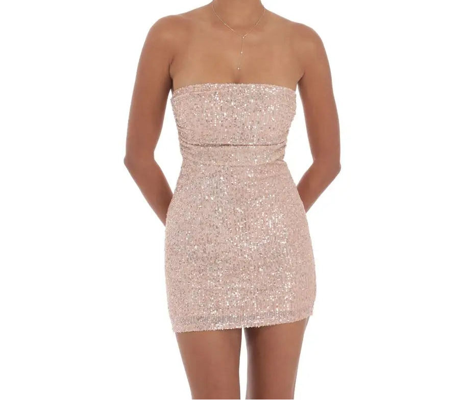 Rose gold strapless sequin with circle on back