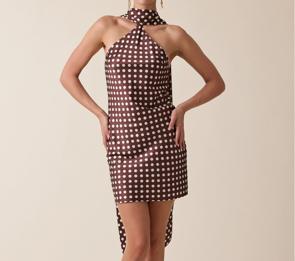 Satin polka dot bias cut long scarf mini dress