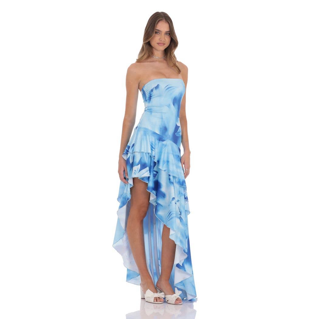 Floral Strapless Ruffle Asymmetrical Maxi Dress in Blue