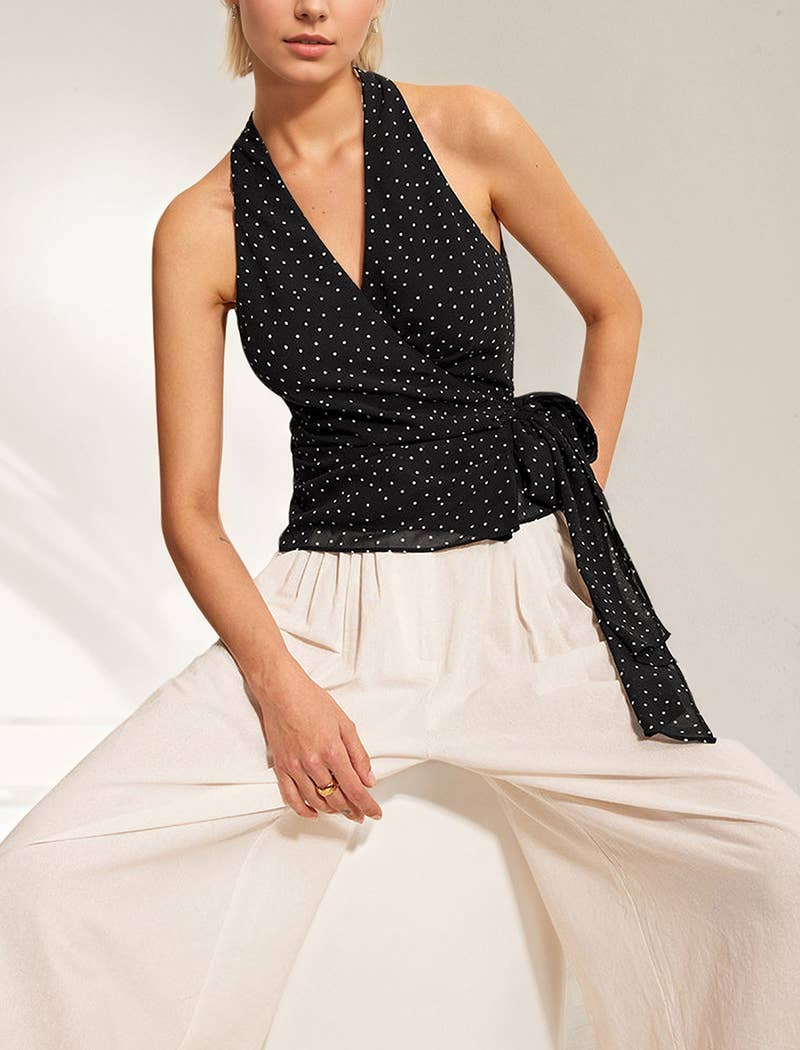 Polka Dot Halter Top with Waist Tie