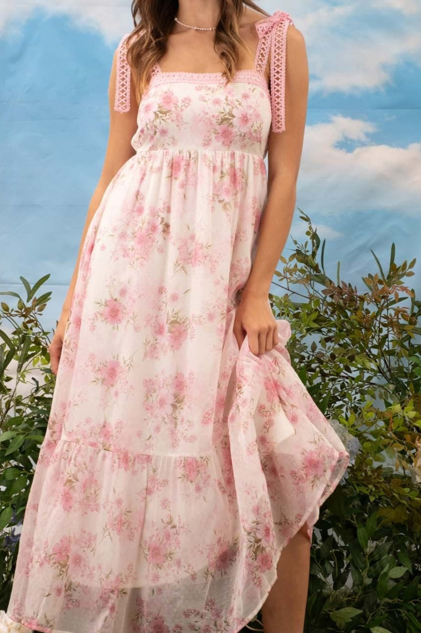 Floral with X lace strap maxi dress