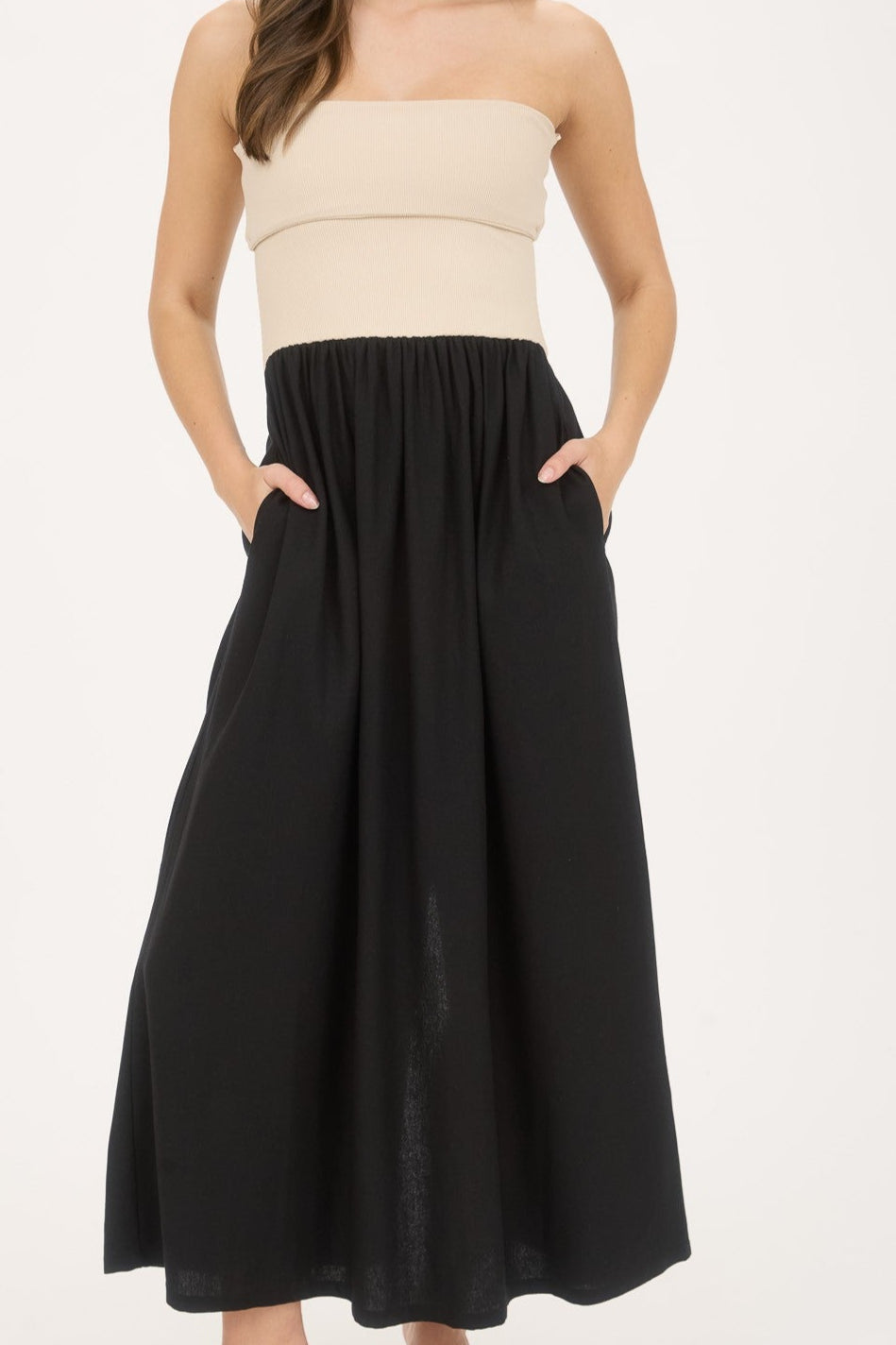 Fold over strapless ribbed top with maxi skirt