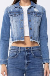SP-J4216 cropped frayed hem denim jacket
