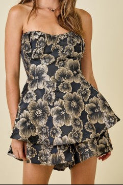 strapless tiered floral jacquard romper