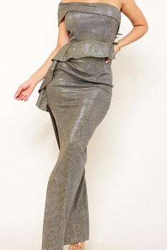 Glitter one shoulder wired top with ruffle on waist with an open slit maxi dress