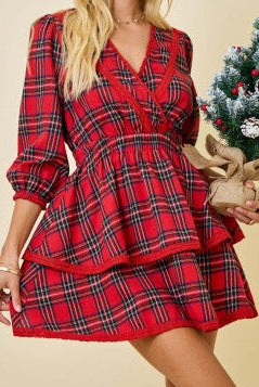 Holiday plaid tiered dress with lace trim