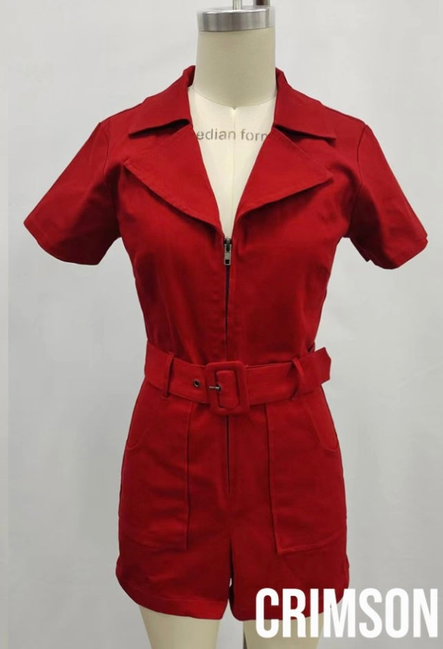 Zip front belted denim romper