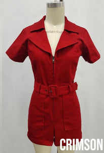 Zip front belted denim romper