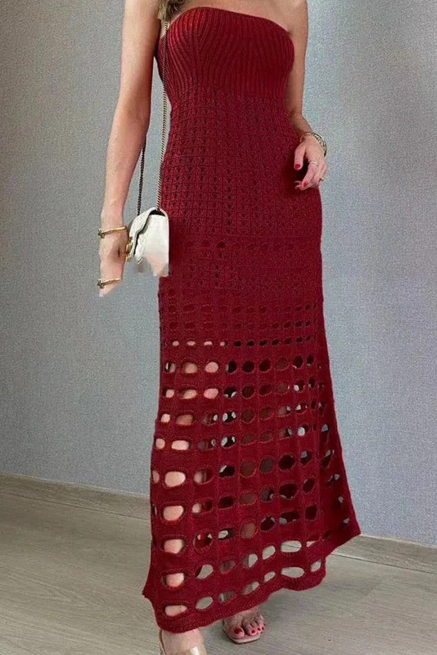 Strapless knit crochet maxi with see through bottom