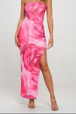 Strapless mesh overlay rose maxi