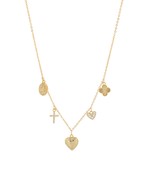 mini heart locket, cross, and clover multi charm necklace