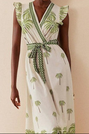 Palm tree V-necktie with belt maxi