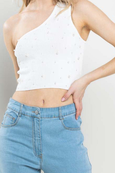 One shoulder top with pearl detailing