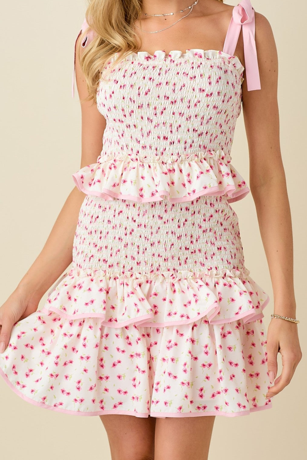 Tie strap smocked mid ruffle floral dress
