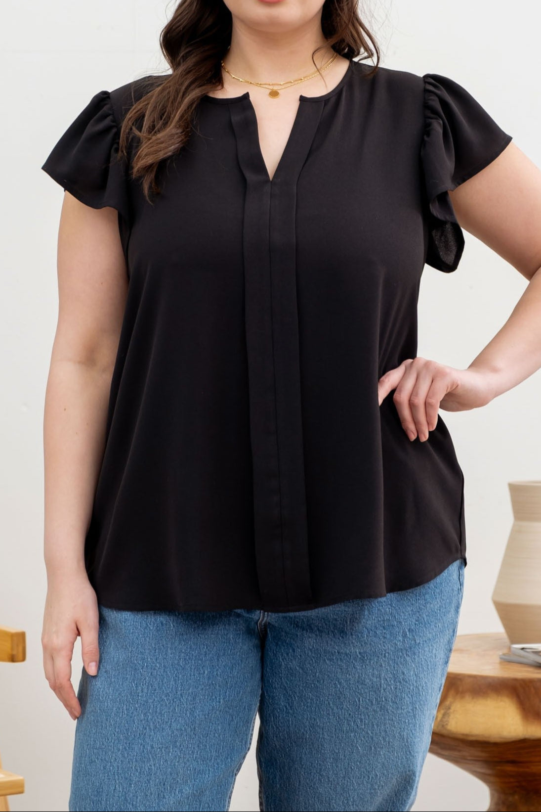Plus size pleated V neck blouse