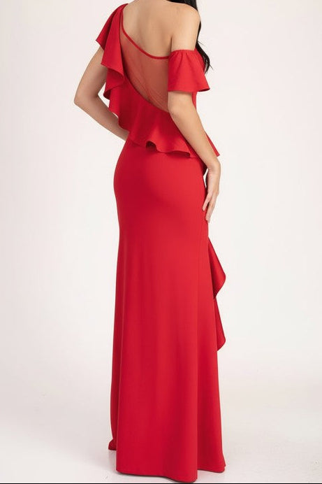 ruffle and mesh paneled one shoulder maxi dress with slit