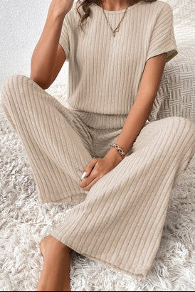 ribbed cap sleeve elastic waist jumpsuit