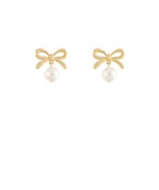 Ribbon bow stud pearl drop earrings