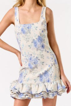 square neck bubble sinched bottom hem floral dress