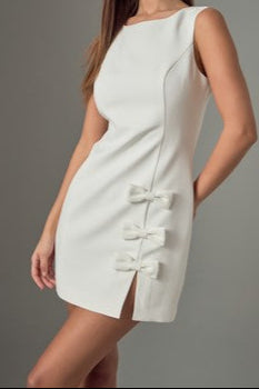 Three bows with mini slit high round neck mini dress
