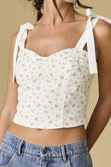 sweetheart floral denim crop tie strap