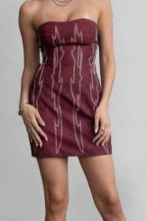 Leather western embordered mini strapless dress