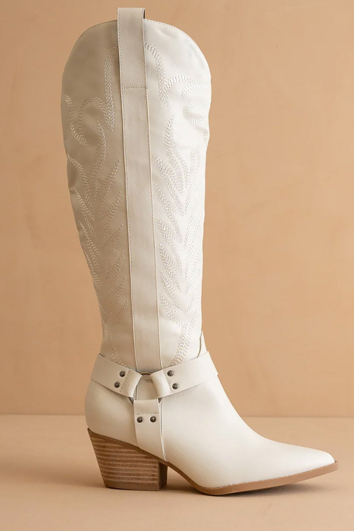 Faye knee high bone boot with saddle straps
