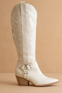 Faye knee high bone boot with saddle straps