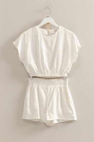 cap sleeve bubble top with elastic waist shorts