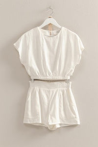 cap sleeve bubble top with elastic waist shorts