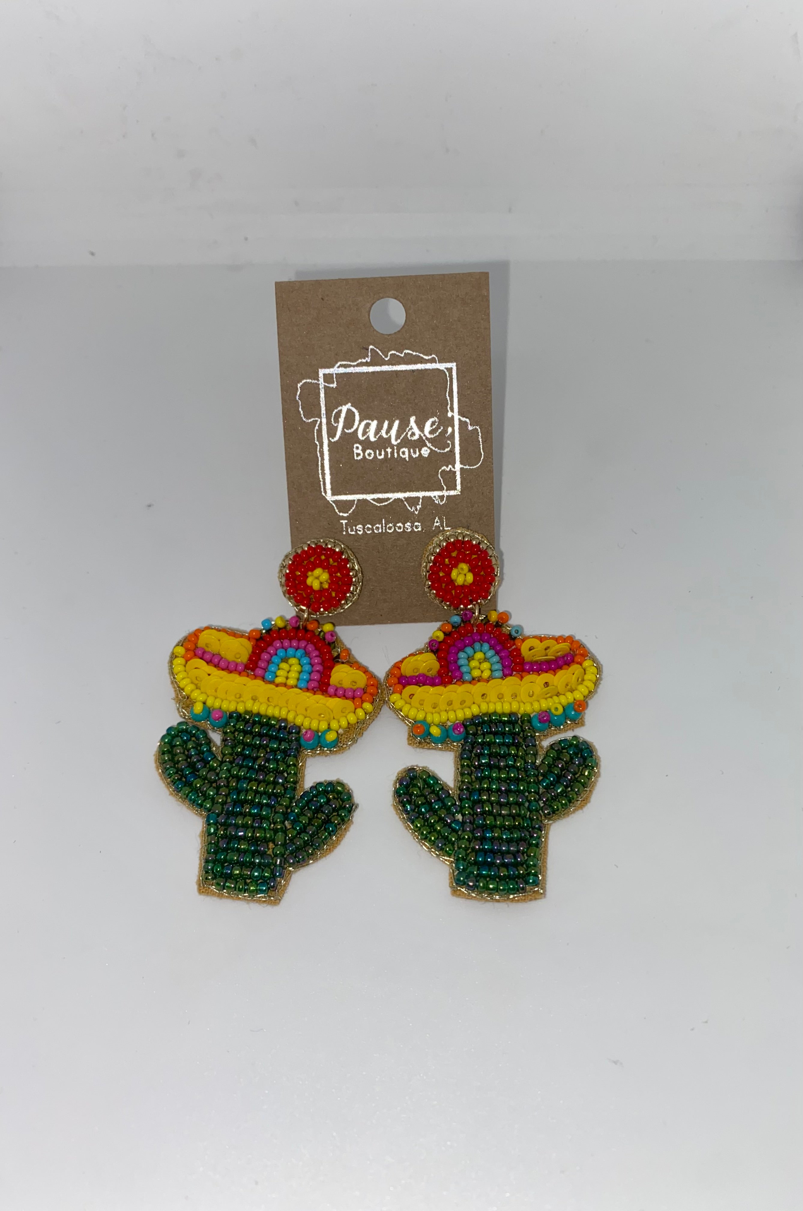 Beaded cactus with sombrero earrings